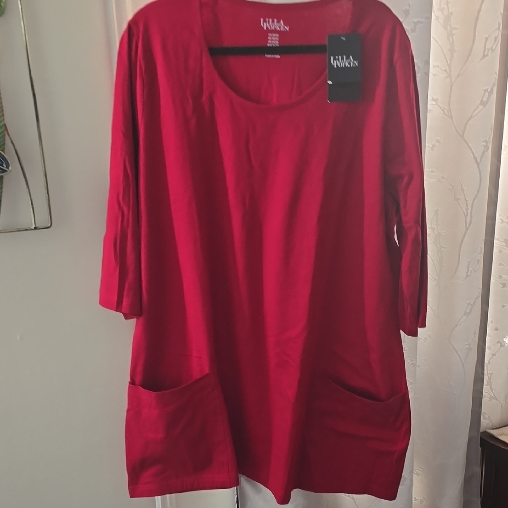 ULLA POPKEN  Red Tunic Top with pockets org.$50